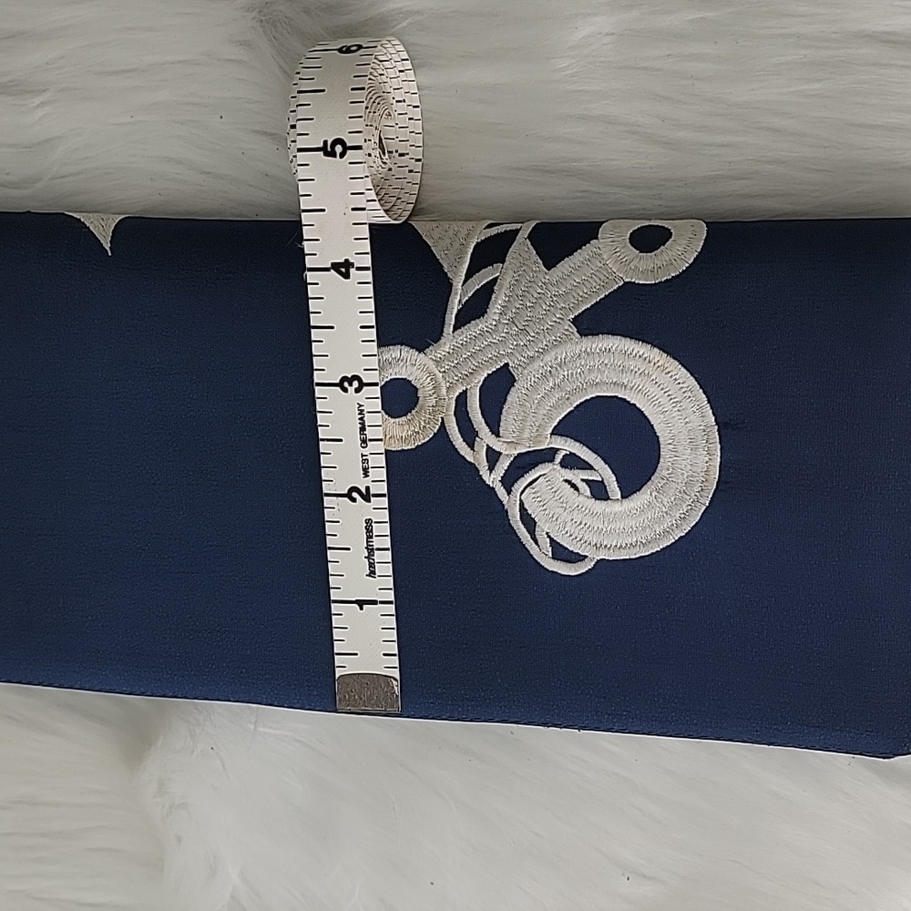 SHIRALEAH Navy Blue Silk White Embroidered Anchor Nautical Preppy Clutch Bag - Picture 8 of 16